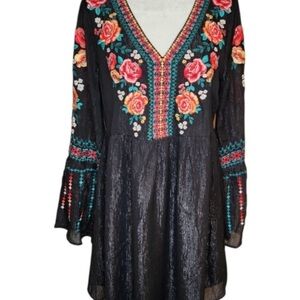 Savanna Jane Embroidered Black Shimmery Floral Dress With Flounce Sleeves. Small